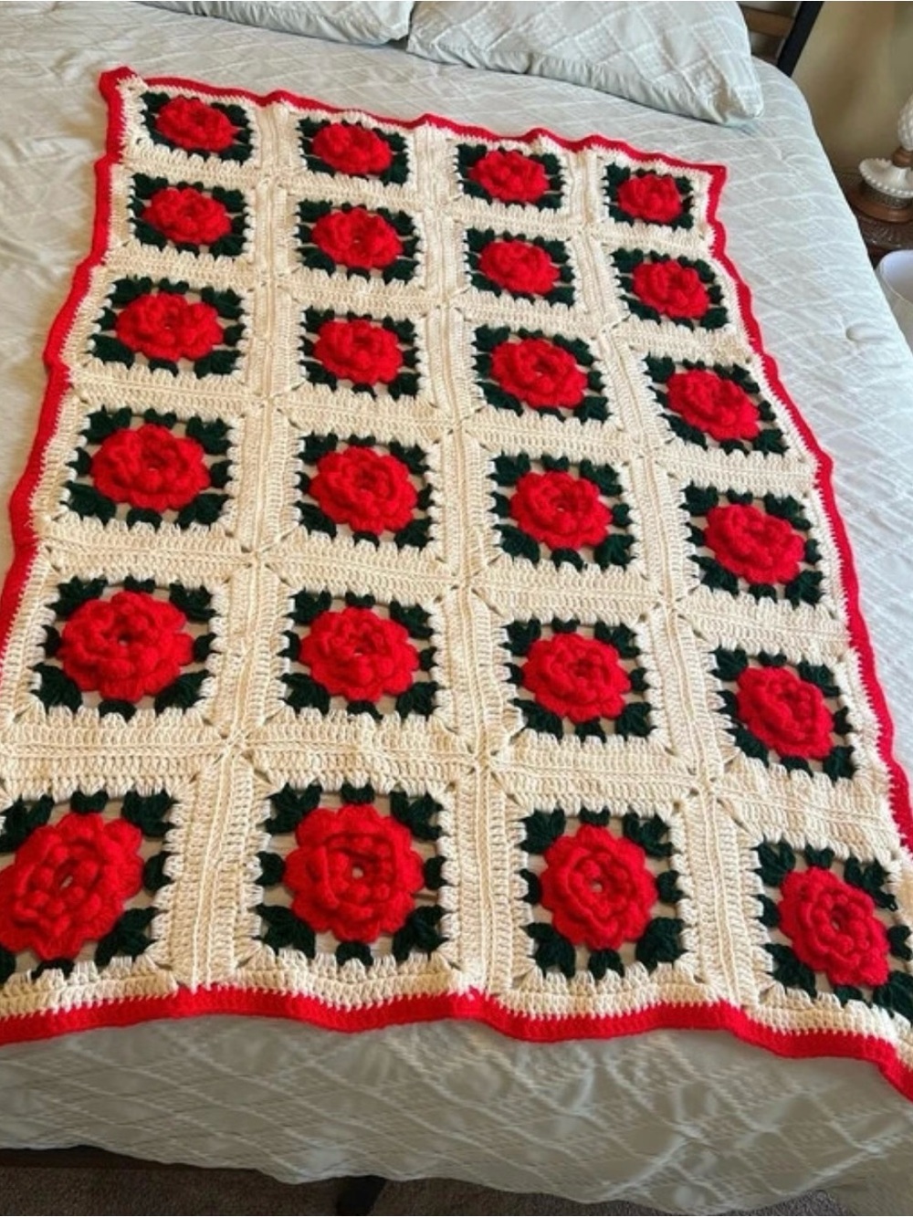 Handmade Red Rose Crochet Throw Blanket